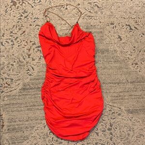 Ruched Red Mini Dress with Chain-Strap Detail